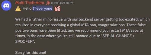 Извинения команды MTA о выдаче глобального бана