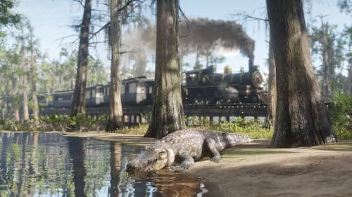 Аллигатор греется на фоне проезжаещего поезда в RDR 2