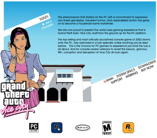 Скриншот промо сайта Rockstar для продвижения GTA: VC на ПК