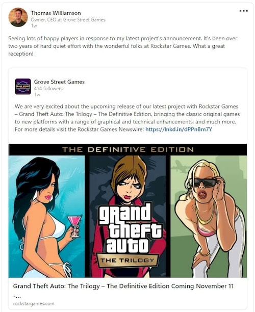 Реакция главы Grove Street Games Томаса Вильямсона